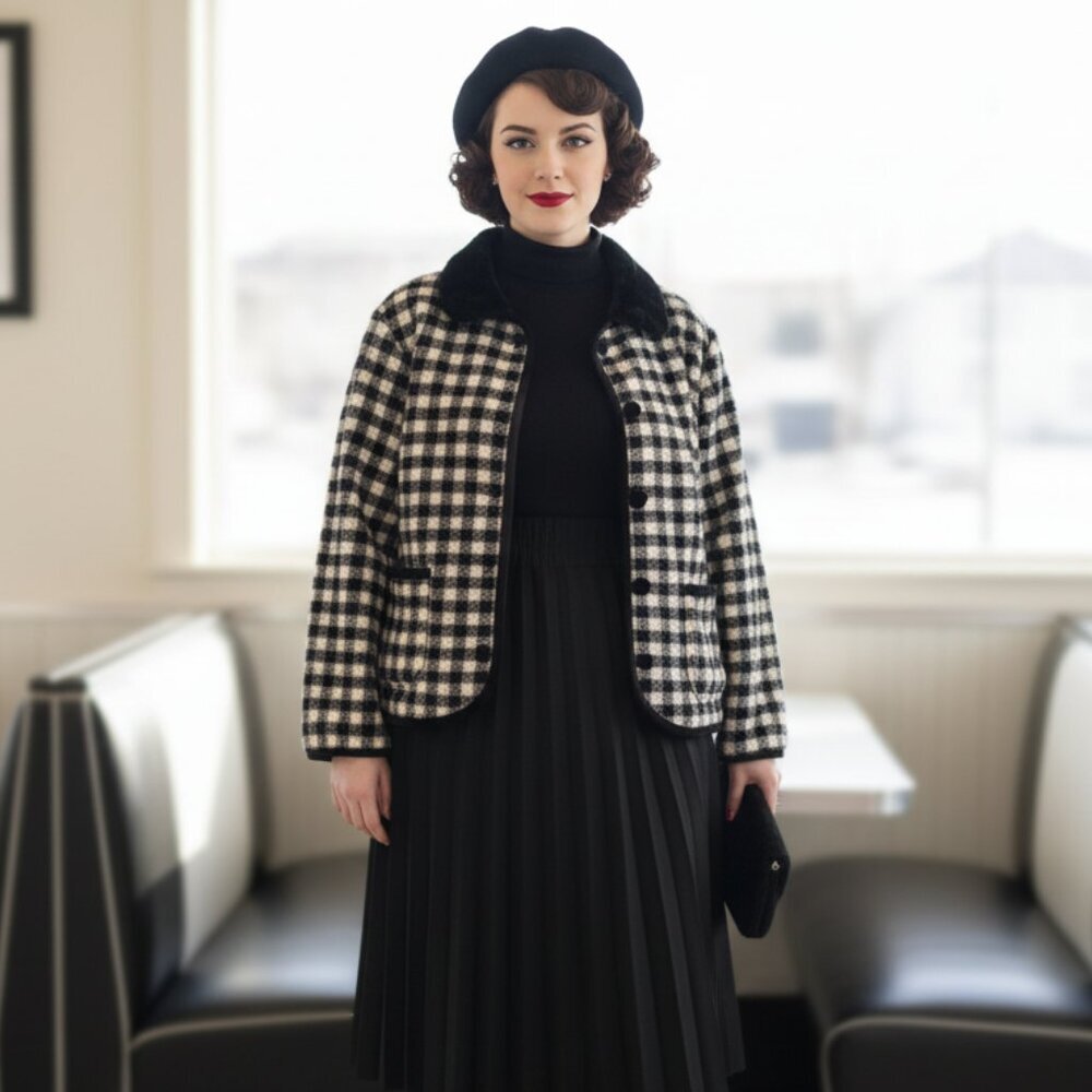 Talbots Vintage Women's Small Black & White Plaid Velvet Trim Fleece Jacket